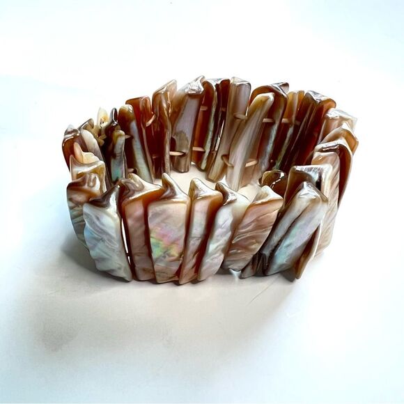 Vintage Abalone Shell Stretch Chunky Cuff Bracelet Mother of Pearl Boho - Picture 1 of 8
